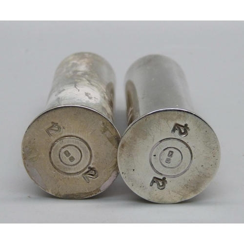 847 - A novelty silver shotgun cartridge style salt and pepper pair, Birmingham 1996, 64g