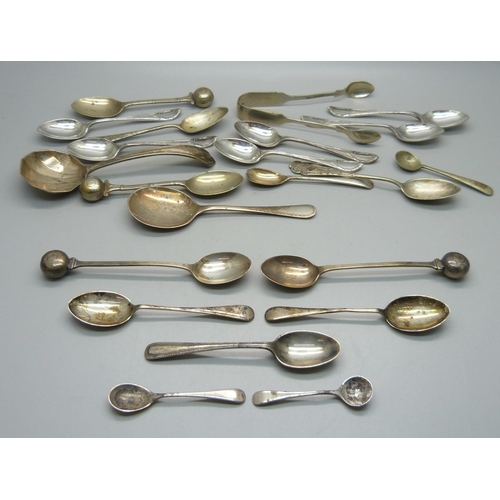 861 - Five silver spoons, two silver mustard spoons and other plated spoons, 70g of silver