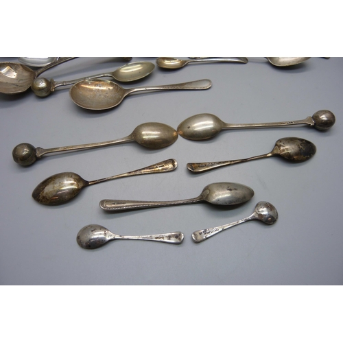 861 - Five silver spoons, two silver mustard spoons and other plated spoons, 70g of silver