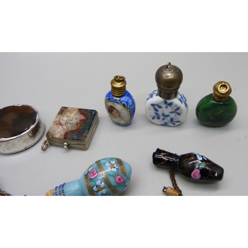 868 - A collection of scent bottles and pill boxes including one moss agate