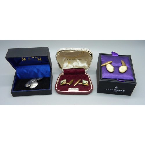 874 - Two pairs of rolled gold cufflinks, one depicting Burns' cottage, Ayr, and a pair of hallmarked silv... 