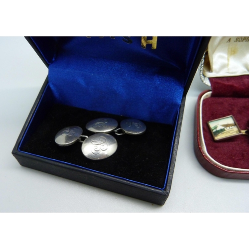 874 - Two pairs of rolled gold cufflinks, one depicting Burns' cottage, Ayr, and a pair of hallmarked silv... 