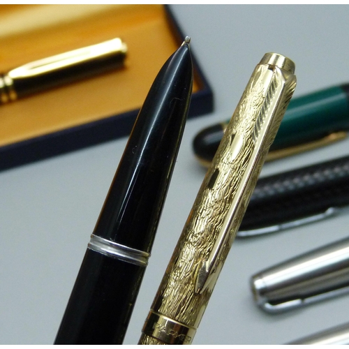 881 - A Conway Stewart Dinkie 540 set with 14ct gold nib, boxed, three Parker 51 fountain pens, all three ... 