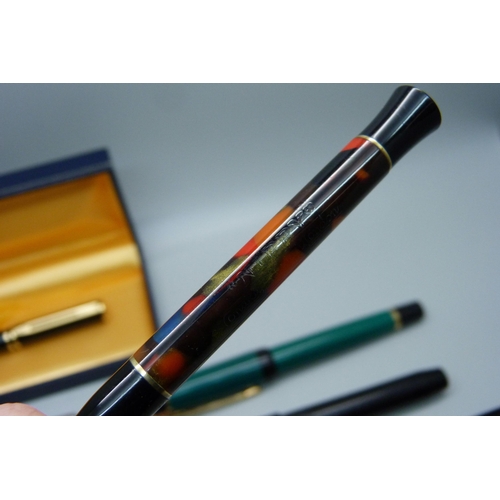 881 - A Conway Stewart Dinkie 540 set with 14ct gold nib, boxed, three Parker 51 fountain pens, all three ... 