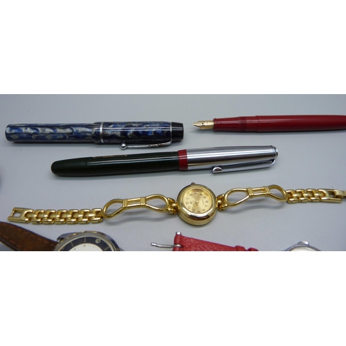 887 - Three 14ct gold nibbed pens, a/f, and six watches including gold plated and Timex