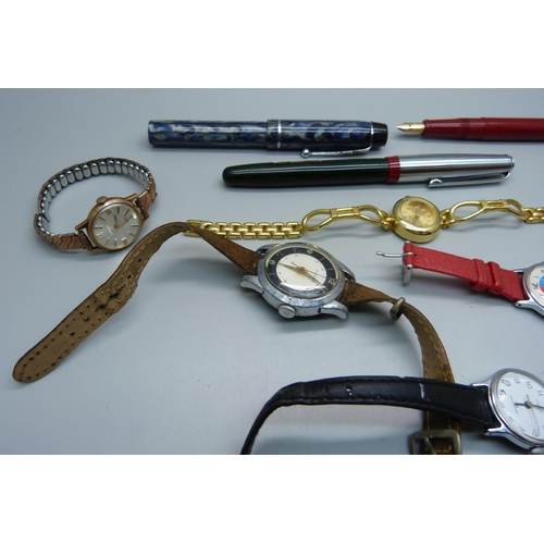 887 - Three 14ct gold nibbed pens, a/f, and six watches including gold plated and Timex