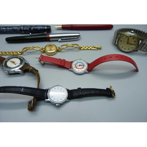 887 - Three 14ct gold nibbed pens, a/f, and six watches including gold plated and Timex