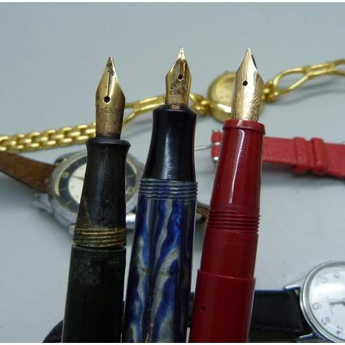 887 - Three 14ct gold nibbed pens, a/f, and six watches including gold plated and Timex