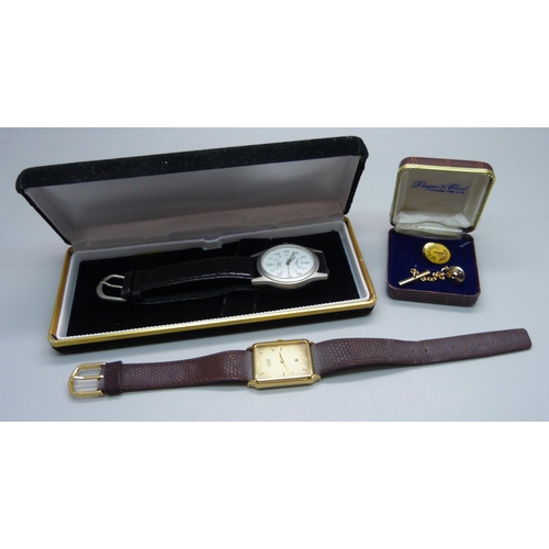 891 - A Shering Pharmaceuticals 14k gold recognition pin, Citizen quartz and Tozai wristwatches