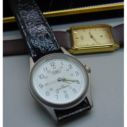 891 - A Shering Pharmaceuticals 14k gold recognition pin, Citizen quartz and Tozai wristwatches