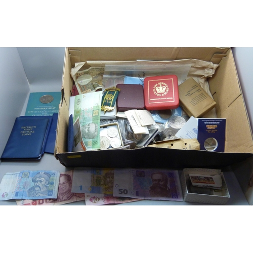 926 - Assorted coins, commemorative coins, banknotes, etc.