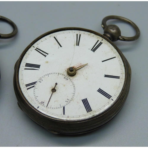 941 - Two silver fusee pocket watches, one with tall ship detail on inner case, a/f