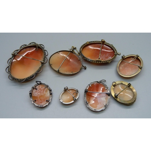 946 - Eight vintage cameos, four with silver mounts