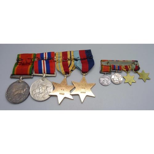 948 - A set of four WWII medals and miniatures including Africa Service Medal to 4221 K.O. Abbot