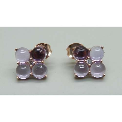 952 - A pair of silver gilt, Rose de France cabochon amethyst and zircon earrings