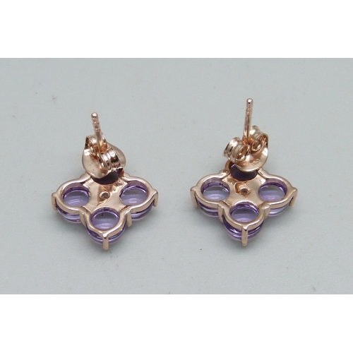 952 - A pair of silver gilt, Rose de France cabochon amethyst and zircon earrings