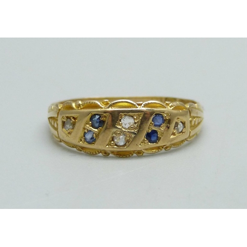 965 - A late Victorian 18ct gold, sapphire and diamond ring, worn Birmingham mark, 2.3g, O, shank worn