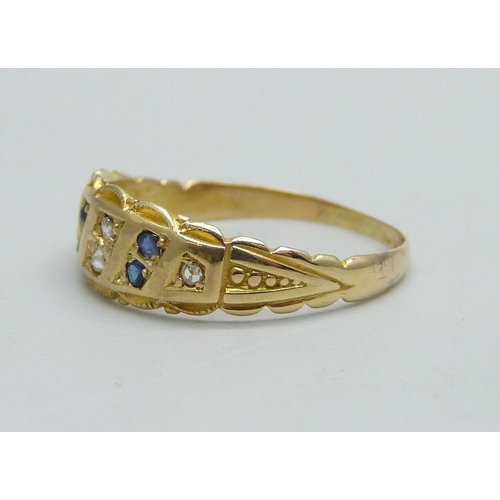 965 - A late Victorian 18ct gold, sapphire and diamond ring, worn Birmingham mark, 2.3g, O, shank worn