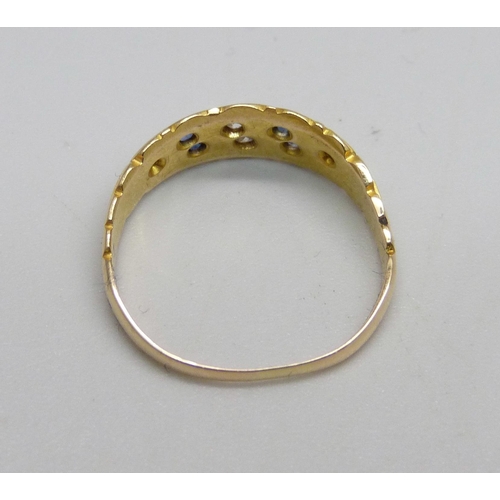 965 - A late Victorian 18ct gold, sapphire and diamond ring, worn Birmingham mark, 2.3g, O, shank worn