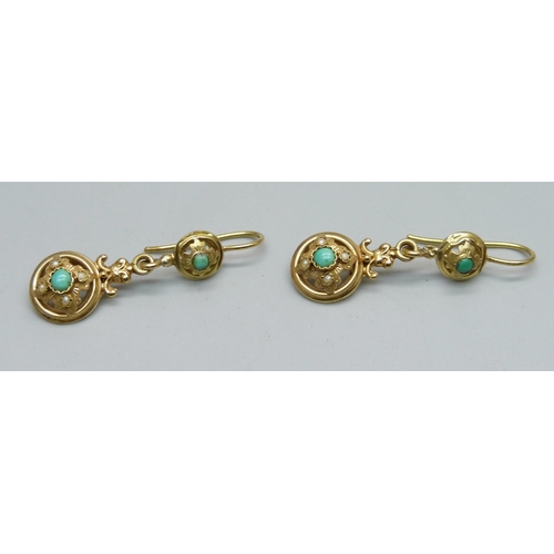 970 - A pair of turquoise and pearl drop earrings with eagle head mark, test as 18ct gold, 3.4g