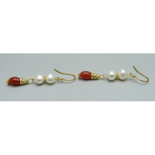 974 - A pair of silver gilt, pearl and red onyx drop earrings, with certificate