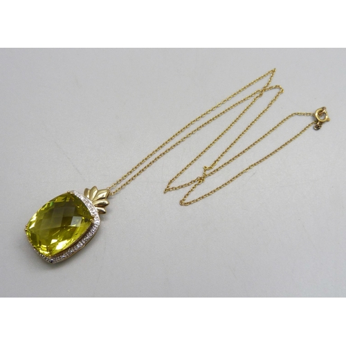 975 - A 9ct gold, chequerboard cut green scapolite pendant on chain, pendant 7.7g, chain 1g