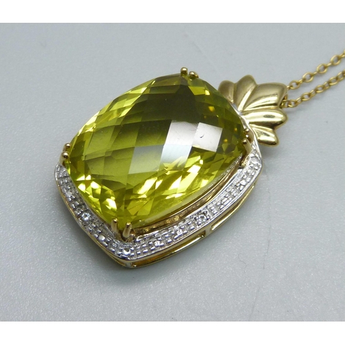 975 - A 9ct gold, chequerboard cut green scapolite pendant on chain, pendant 7.7g, chain 1g