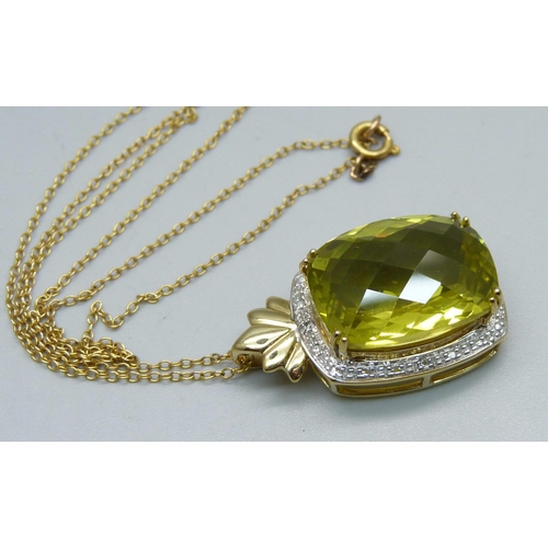 975 - A 9ct gold, chequerboard cut green scapolite pendant on chain, pendant 7.7g, chain 1g