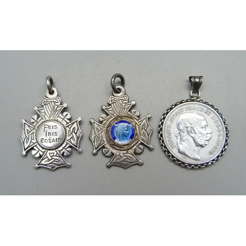 982 - Two Irish silver fobs and a mounted 1912 2 Korona coin, 32g