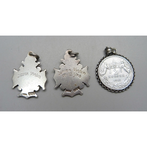 982 - Two Irish silver fobs and a mounted 1912 2 Korona coin, 32g