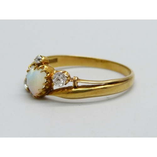 985 - An 18ct gold, opal and diamond ring, 2.7g, R, opal chipped