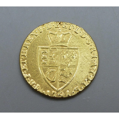 996A - A George III 1791 gold spade guinea, (previously mounted)