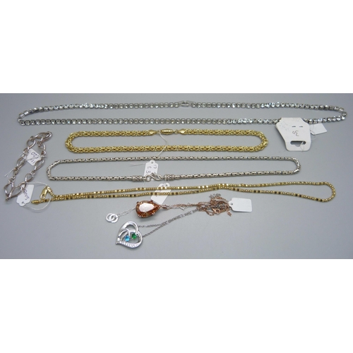 997 - A paste necklace, four silver chains and a bracelet, and one other pendant and chain