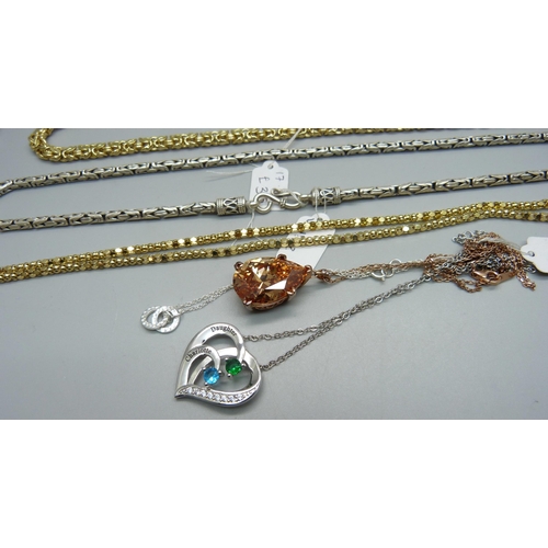 997 - A paste necklace, four silver chains and a bracelet, and one other pendant and chain