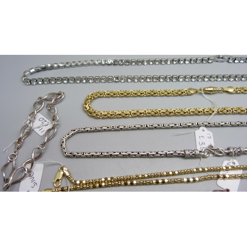 997 - A paste necklace, four silver chains and a bracelet, and one other pendant and chain