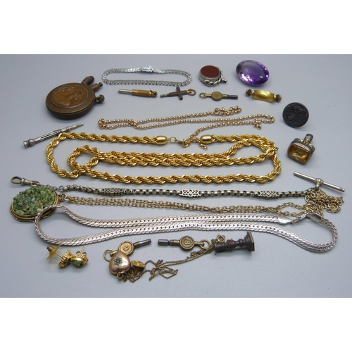 999 - An early 20th Century lighter, chains, swivel fob, stone set bracelet, watch keys, etc.