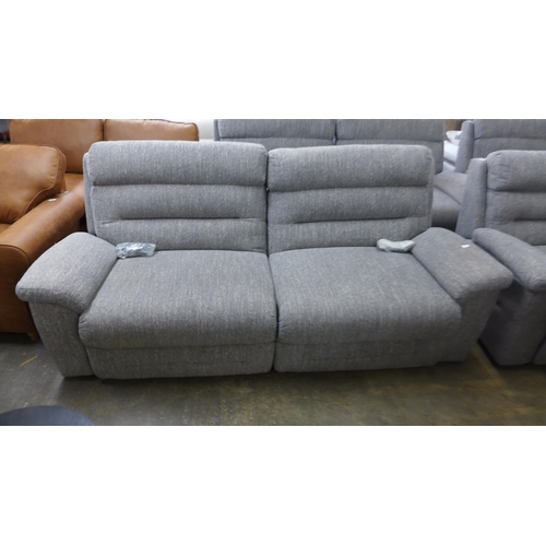 1432 - A grey hopsack reclining three seater sofa - damaged side