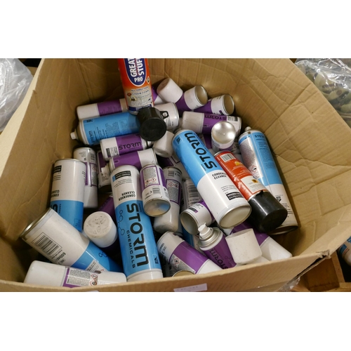 2353 - A box of various spray cans including Storm Chemicals condenser clear and Storm Chemicals portable A... 