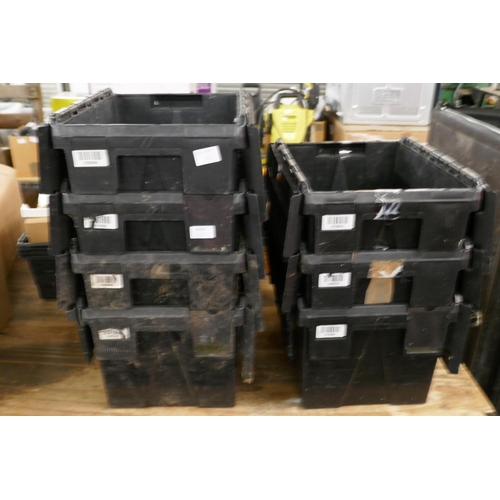 2419 - Seven black stackable storage crates