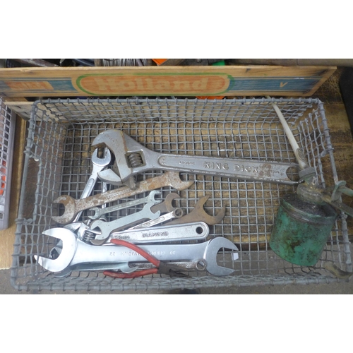 2073 - A large quantity of tools including Bosch PSB400 drill, spanners, safety shoes, shears, a mallet etc