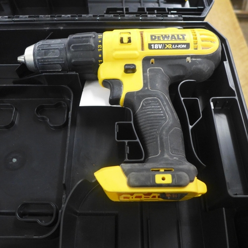 2074 - An 118v Dewalt drill (model:- XR LI-IOW, DCD776) and three toolboxes