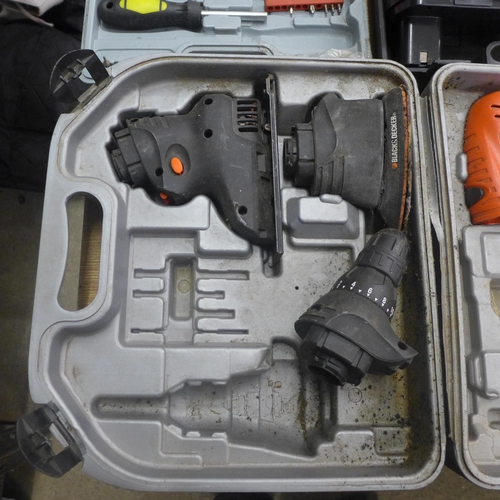 2097 - Assorted power tools including Nu-Tool Evolution NPEK24c power drill and battery, Black and Decker Q... 