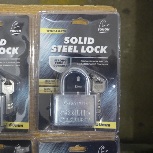 2101 - A box of 12 solid steel locks - including keys