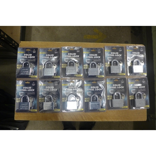 2102 - A box of 12 solid steel locks - including keys