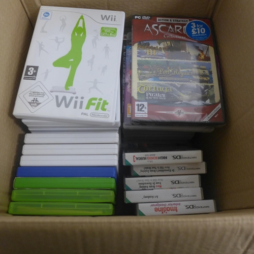 2128 - A box of approx. 50 games including games for Nintendo Wii, Playstation 2, PC, Xbox 360, Xbox one, N... 