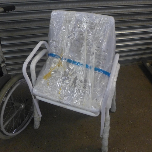 2268 - A large wheel wheelchair and two shower stools