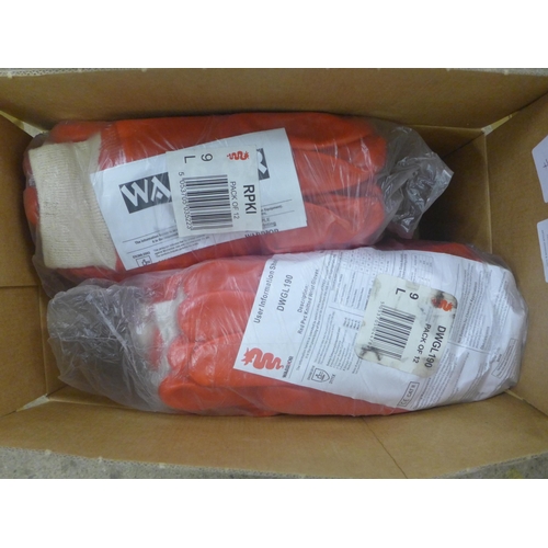 2278 - A box of 24 pairs of red knitted wrist PVC gloves, size 9