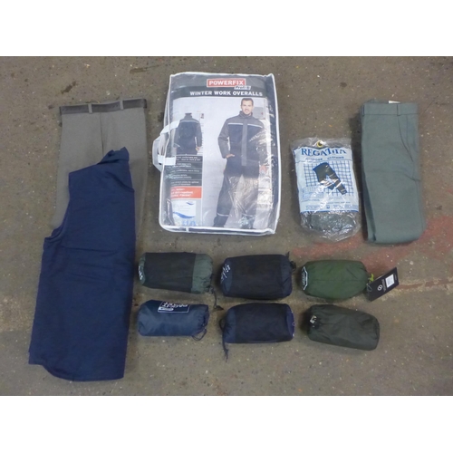 2306 - A box of assorted men's outdoor clothing including trousers, waterproof jackets, gilet etc