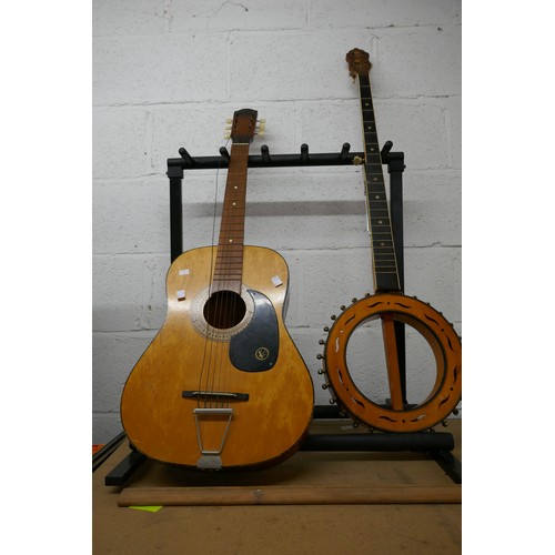 2143 - A vintage banjo with inlaid design and a Kay acoustic guitar