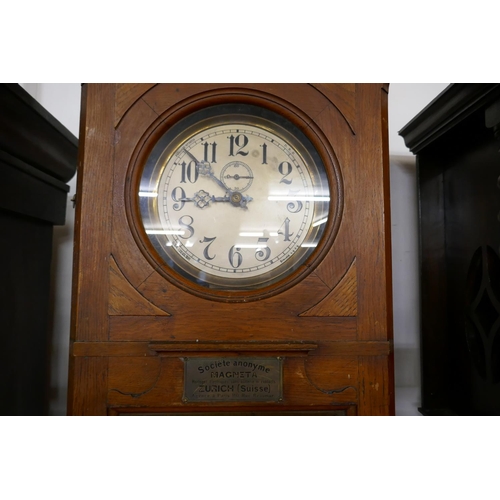 116 - A 19th Century American Regulator oak longcase clock, dated July 4th 1889, bearing Swiss retailer's ... 